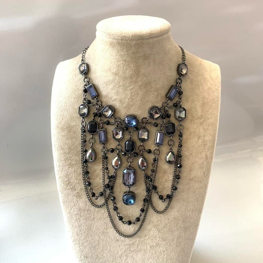 White House Black Market Blue and Silver Multi Strand Crystal Bib Necklace - Picture 2 of 8